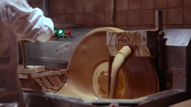 Chocoladefabriek, het proces van het maken van chocolade. vloeibare chocolade gieten in vormen, noten en koeling toevoegen — Stockvideo