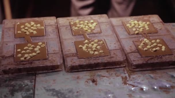 Fábrica de chocolate, o processo de fazer chocolate. verter chocolate líquido em formas, adicionando nozes e resfriamento — Vídeo de Stock