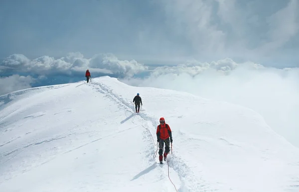 पर्वतारोहियों का एक समूह एक बर्फ से ढके हुए पहाड़ की चोटी पर चढ़ता है। पर्वतारोही पर्वत शिखरों पर सैर कर रहे हैं। पैनोरमा . — स्टॉक फ़ोटो, इमेज