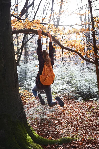 Jeune femme heureuse accrochée à un arbre dans des bois avec sac à dos orange. Fille drôle s'amuser autour sur un fond de forêt . — Photo