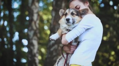 parkta parlak yeşil hamak yalan sevimli Galler Corgi köpek ile genç güzel gülümseyen kadın