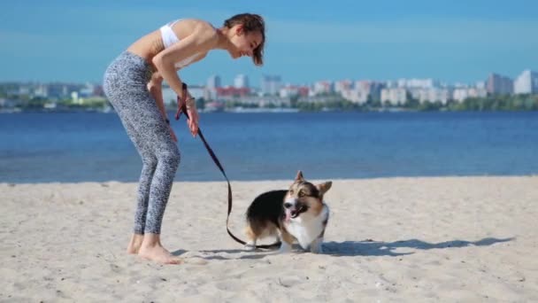 Hermosa joven delgada atlética mujer caminando con lindo tricolor perro galés Corgi en la playa de arena en la mañana soleada . — Vídeos de Stock