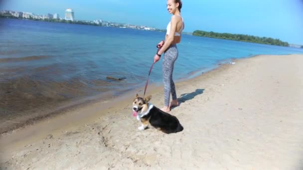 Beautiful young slim athletic woman walking with cute tricolor Welsh Corgi dog on the sand beach at sunny morning. — Stock Video