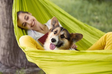 Bir parkta açık sevimli köpek Galler Corgi ile yeşil hamakta dinlenen gülümseyen genç kadın. Güzel mutlu kadın beyaz gömlek iyi gün zevk ve evcil hayvan arıyor. Köpeğe odaklan..