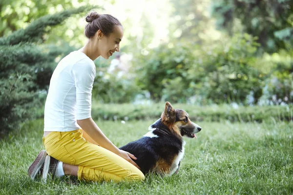 Galês Corgi Pembroke cão e sorrindo mulher feliz juntos em um parque ao ar livre . — Fotografia de Stock