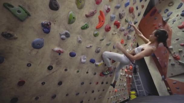 Giovane donna arrampicatrice sta arrampicando in palestra di arrampicata interna. sottile bella donna esercizio a indoor climbing palestra parete — Video Stock