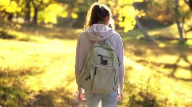 Genç bayan yürüyüşçü güneşli bir sonbahar gününde açık sonbahar ormanında yürüyor.