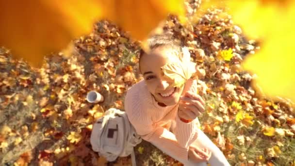 Close-up de bela jovem alegre sorrindo mulher olhando tromuto uma folhagem laranja brilhante na floresta de outono . — Vídeo de Stock