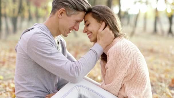 Young Lovely Couple In Autumn Park Outdoors — Stock Video