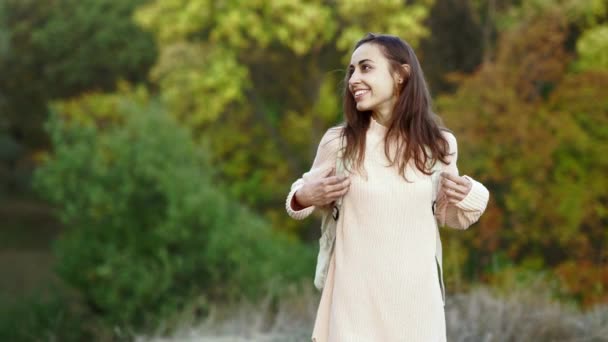 Vista posteriore della bella escursionista donna con piccolo zaino a piedi nella foresta autunnale — Video Stock