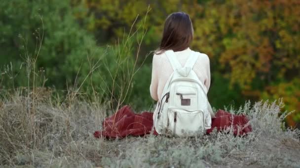 Ładna kobieta turysta z małym plecakiem spacery w autamn lesie — Wideo stockowe