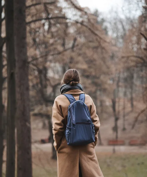 Portretul de toamnă în aer liber al unei tinere frumoase care merge în parcul de toamnă, purtând haină bej și eșarfă călduroasă tricotată. Înapoi vizualizare . — Fotografie, imagine de stoc