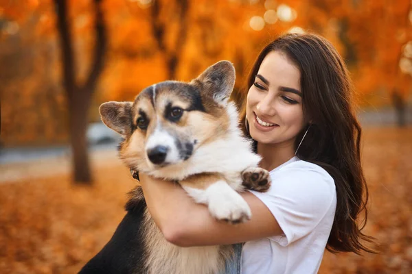Улыбающаяся счастливая женщина вместе с валлийской собакой Корги Пемброк в парке на открытом воздухе. Молодая владелица обнимает питомца в парке при падении на фоне оранжевой листвы . — стоковое фото