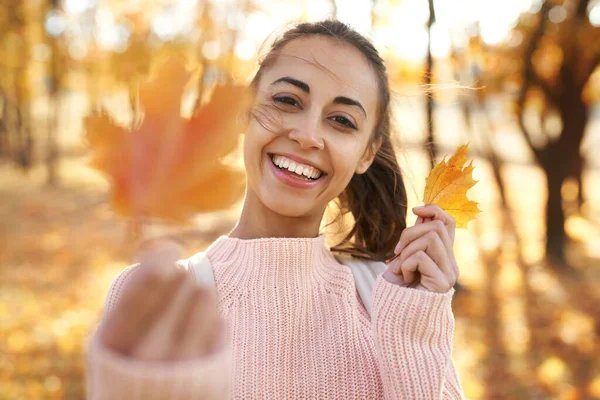 Autumn outdoor portrait of young smiling woman holding autumn leaves in autumn park with colorful leaves on fall nature background.
