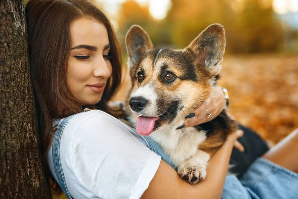 ผู้หญิงที่มีความสุขที่ยิ้มพร้อมกับสุนัข Welsh Corgi Pembroke ในสวนสาธารณะกลางแจ้ง เจ้าของหญิงสาวกอดสัตว์เลี้ยงในสวนสาธารณะในฤดูใบไม้ร่วงบนพื้นหลังใบไม้สีส้ม . — ภาพถ่ายสต็อก