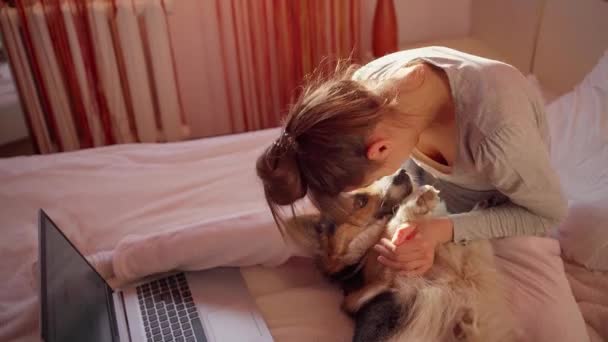 Tender kind young woman hugs and strokes cute dog on bed in bedroom — Stock Video