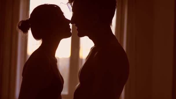 Silhouette Paar Liebende berühren und entkleiden einander weich und zärtlich gegen Fenster — Stockvideo