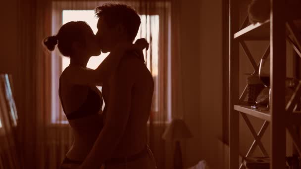 Para w przytulnej sypialni przed pierwszym seksem — Wideo stockowe