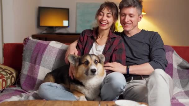 Happy couple with cute pet Welsh Corgi dog sitting on couch at home at evening — Stock Video