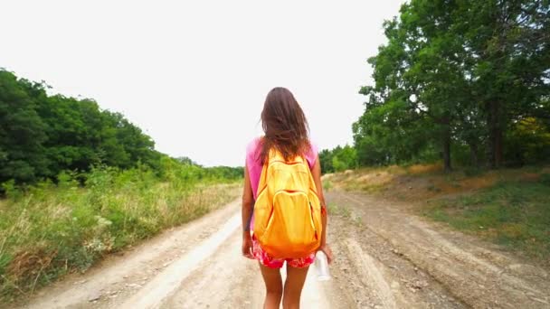 Mulher turista caminhante com cabelos longos com mochila laranja andando na trilha em verde floresta de verão, as pessoas na natureza . — Vídeo de Stock