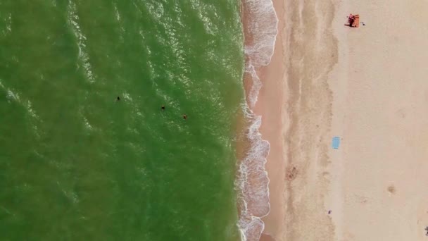 Волны разбиваются на песчаном пляже с людьми, плавающими в море — стоковое видео