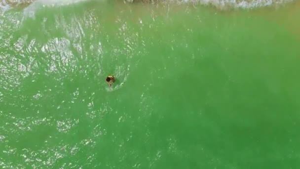 Lambat gerak drone wanita dengan bikini kuning pergi ke laut — Stok Video