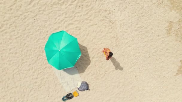 Top down bekijk drone beeldmateriaal mooi sexy gebruind latijn vrouw in bikini — Stockvideo