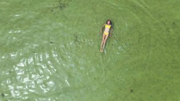 Luftaufnahme Frau im Bikini schwimmt in ruhiger See — Stockvideo