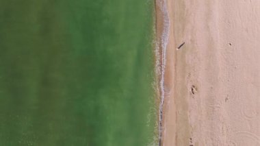 Hava manzaralı deniz plajı ve koşan insanlar.
