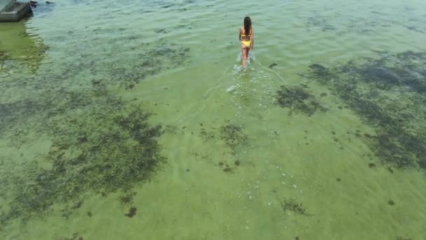 Αργή κίνηση drone πλάνα γυναίκα με κίτρινο μπικίνι πηγαίνει στη θάλασσα — Αρχείο Βίντεο