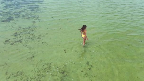 Ralenti drone vidéo femme en bikini jaune aller dans la mer — Video