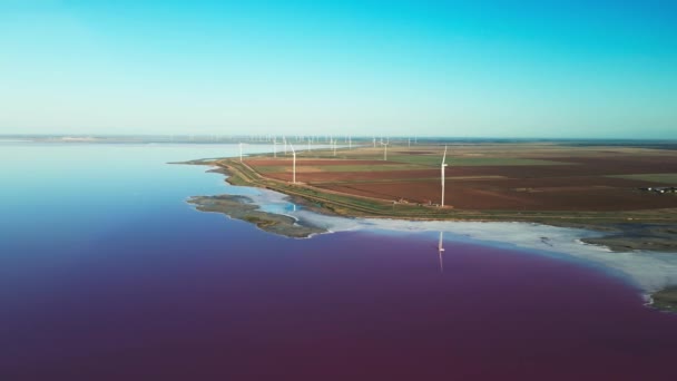 Widok z lotu ptaka ogromna farma turbin wiatrowych na brzegu dużego jeziora — Wideo stockowe