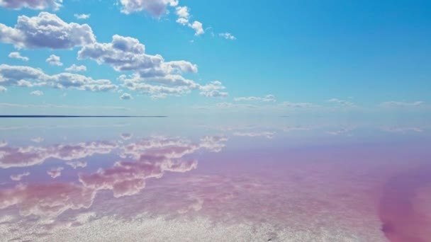 Volo epico drone sopra bellissimo lago salato rosa — Video Stock