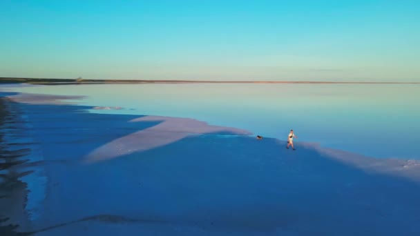 Giovane uomo sorridente drone pilota passeggiata con il cane Corgi gallese lungo la costa salata di minerale rosa lago salato — Video Stock