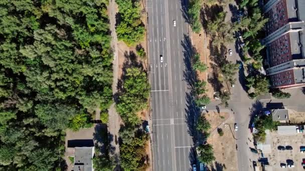 Øverste luftfoto af vejen mellem grønne park og multi gulv bygninger distrikt i byen – Stock-video