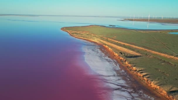 Vista aerea sul bellissimo paesaggio colorato con costa rosa del lago — Video Stock