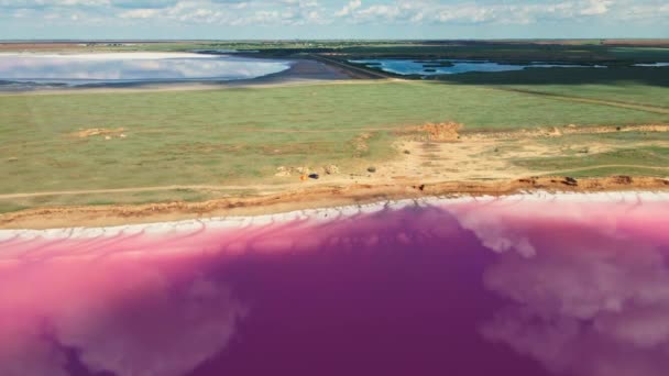 Hermoso paisaje brillante con la costa rosada del lago de sal del dron — Vídeo de stock