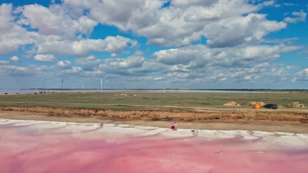 Vista aerea drone sul paesaggio mozzafiato colorato con lago rosa — Video Stock