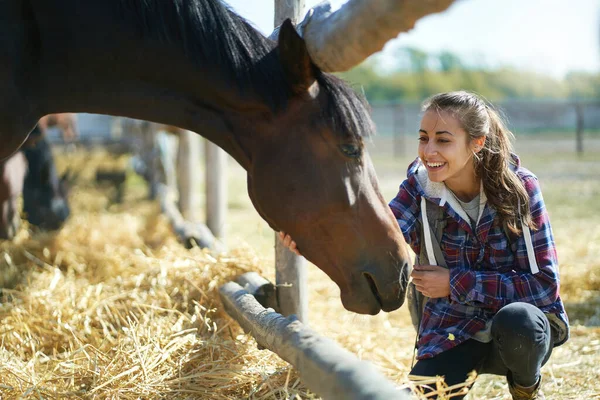 Casual happy woman petting horse on countryside farm or ranch — Stock Photo, Image