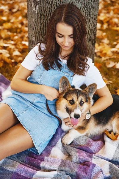 Mulher feliz em conjunto com galês Corgi Pembroke cão em um parque ao ar livre. Jovem dona abraçando animal de estimação no parque no outono sobre o fundo de folhagem laranja. — Fotografia de Stock