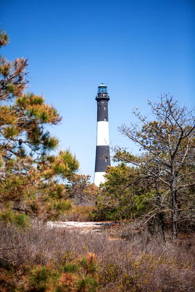 FIRE ISLAND, NY - APRIL, 2012:  Fire Island Lighthouse Historic lighthouse, built in 1858. Spring time. Bright sunny day. Vertical