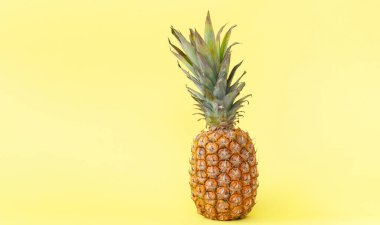 Sarı arka planda tam bir ananas. Konsept: yaz, yemek, yaratıcı düzen. Yakın plan. Uzayı metin için kopyala. Pankart