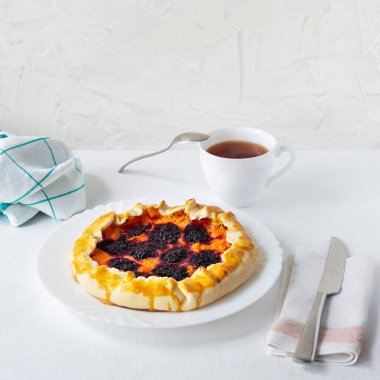 Kayısı turtası ve siyah frenk üzümü. Beyaz arka planda yaz meyveli dalette. Lezzetli olgun meyve tatlısı. Ev yapımı pişirme. Seçici odaklanma. Kapatın. Kare