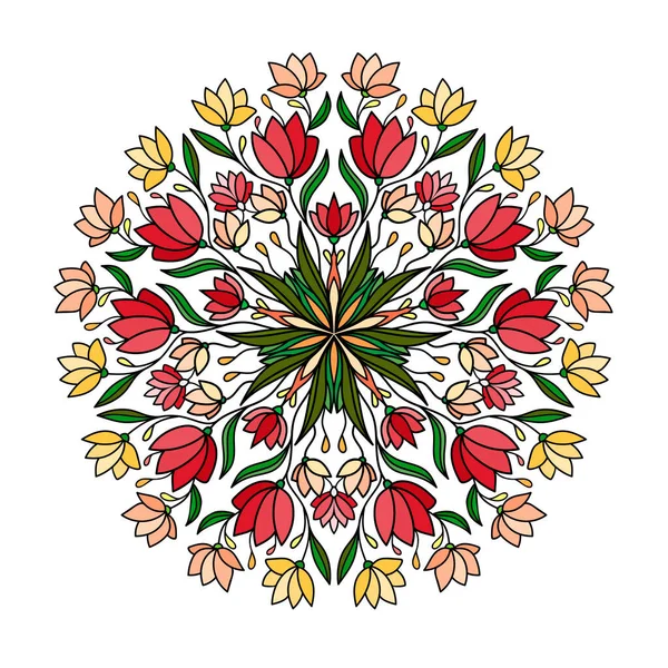 Kırmızı laleli güzel çiçek mandalası, sarı ve pembe nilüfer yaprakları, beyaz arka planda küçük bir dekor. Kapak, pankart, davetiye, kart için uygun.