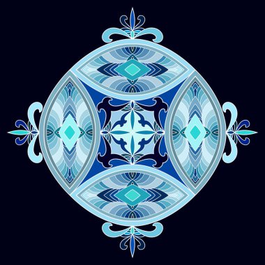 Siyah izole arka planda mavi, turkuaz mor ve gri dekoru olan parlak bir ortaçağ mandala. pankart için uygun, davet.