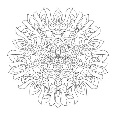 Beyaz yalıtılmış arka planda çiçek unsurları olan dekoratif mandala. Boyama kitabı sayfaları için.