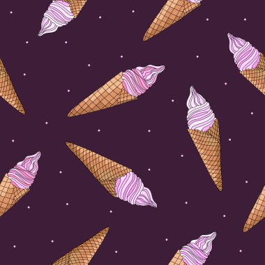 Koyu mor arka planda açık pembe noktalı waffle külahında el yapımı lezzetli dondurmalar. Kusursuz yaz yemekleri modeli. Menü tasarımı, tekstil, ambalaj için elverişli.