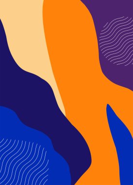 Dalgalı desenli parlak karalama arkaplanı. Saf mavi, turuncu, mor, sarı Memphis tarzı şekiller. Broşür, poster ve kapak için uygun..