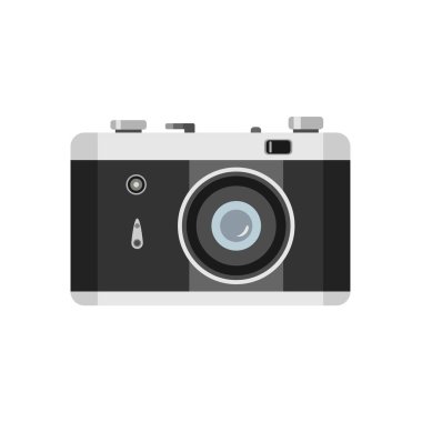 Retro kamera beyaz izole arkaplanda düz bir şekilde. Teknoloji ve fotoğraf objesi. Web tasarımı için uygun, mobil uygulama, simge.