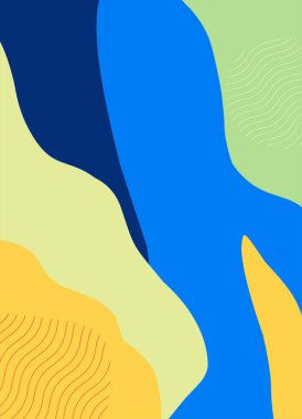 Dalgalı desenli parlak karalama özeti. Saf mavi, turuncu, yeşil, sarı şekilli Memphis tarzı. Kapak için uygun, afiş.